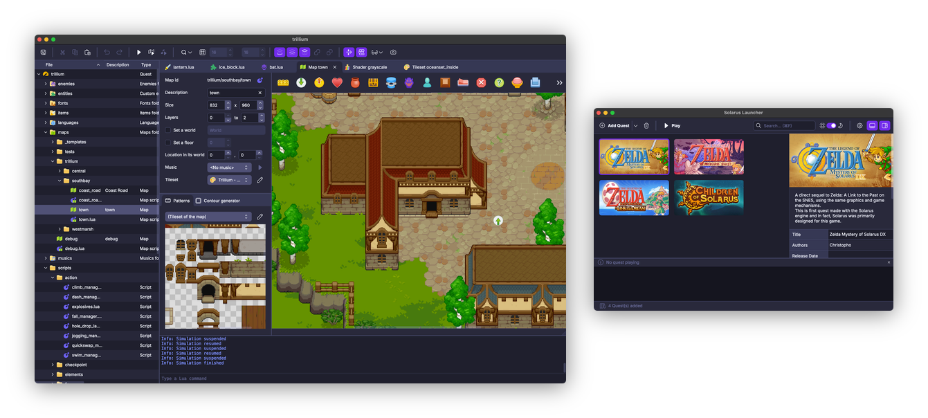 Captures d’écran de l’éditeur et du lanceur Solarus